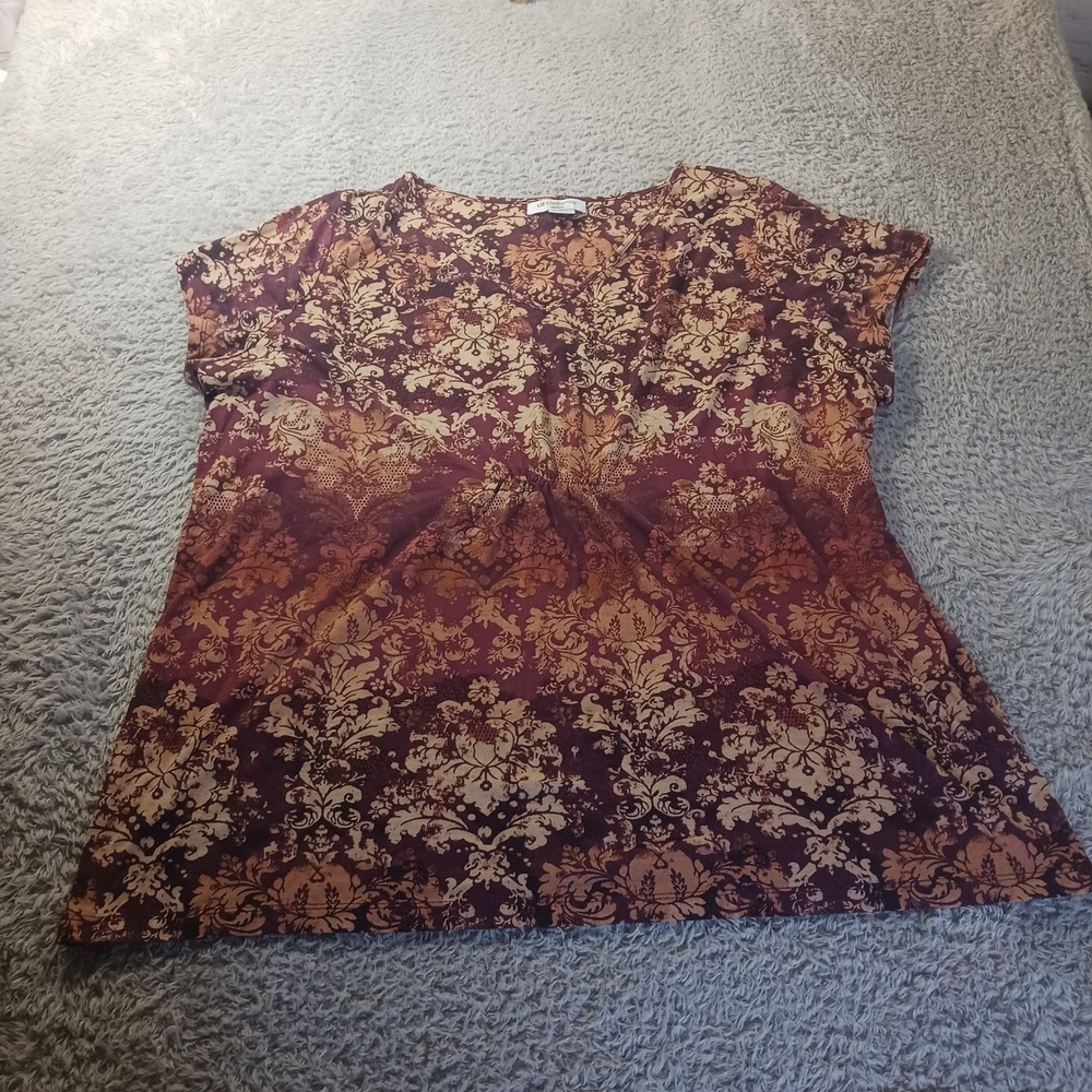 Liz Claiborne Damask Print V-Neck Empire Waist Top Womens 3X‎ Burgundy Boho Knit